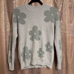 Nanette Lepore Light Sage Green Retro Pearl Fuzzy Floral Sweater XS